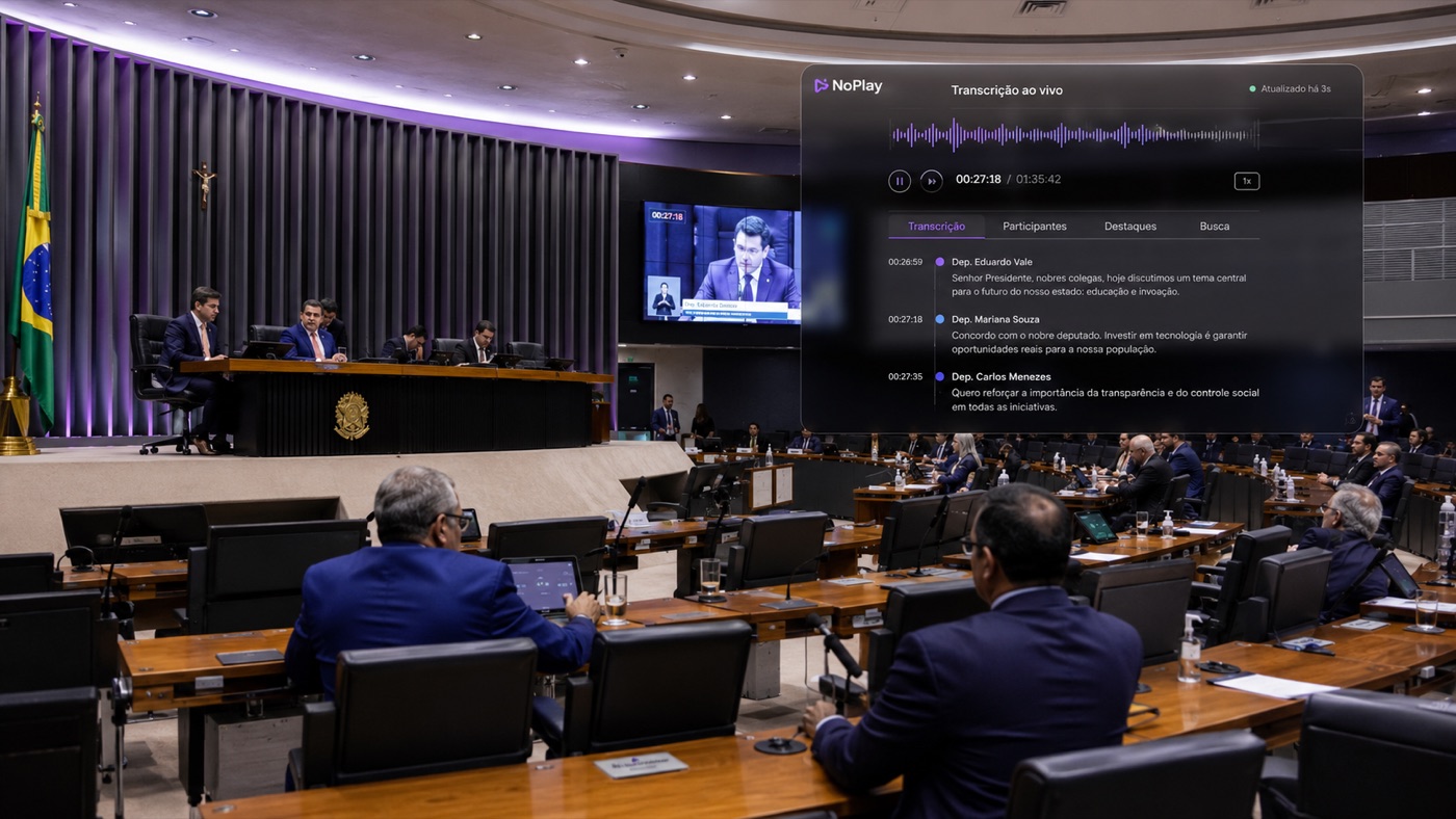 Plenário em sessão com painel de transcrição ao vivo do NoPlay